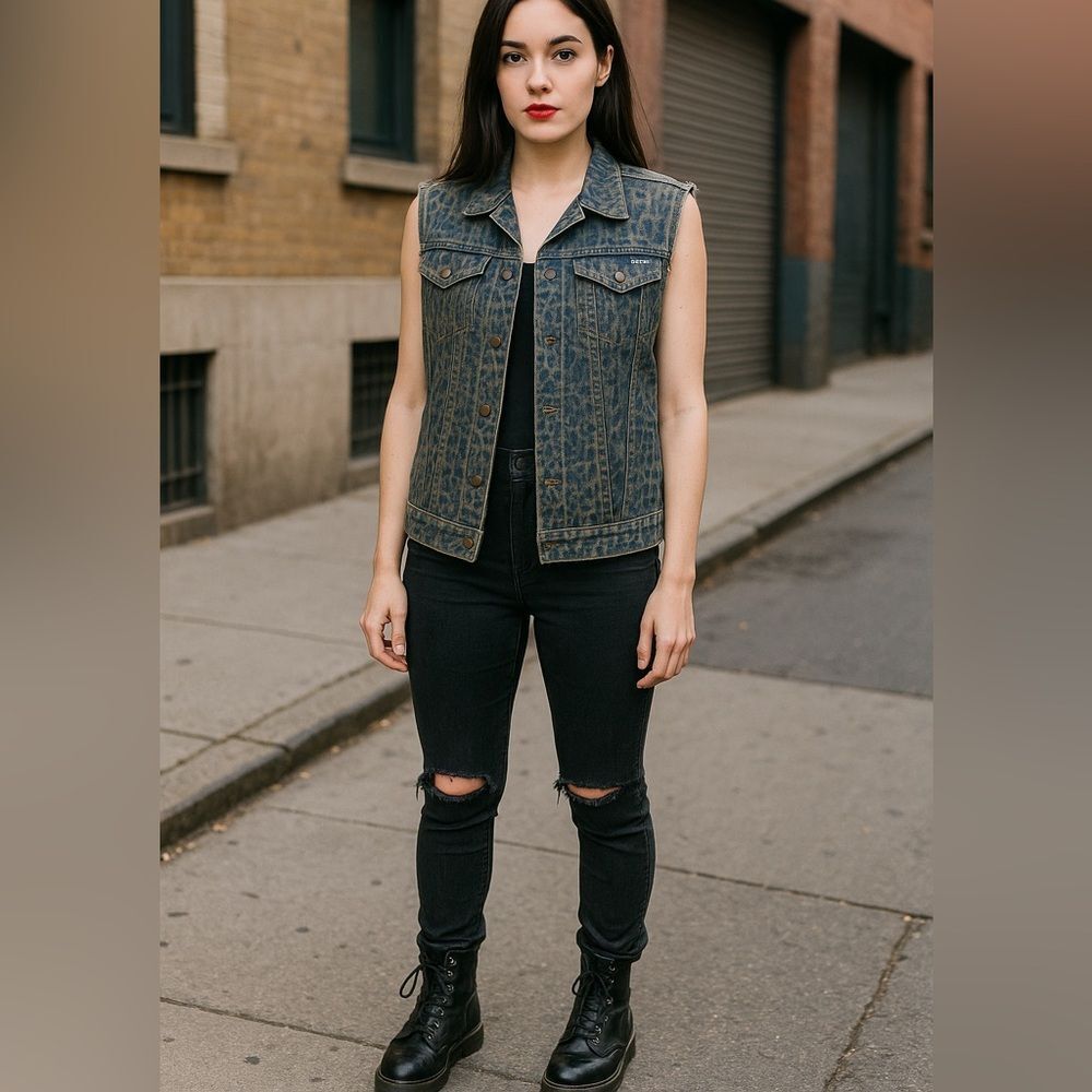 Kill City Denim Denim Vest w/ Cheetah Print Punk Goth Vest sz M